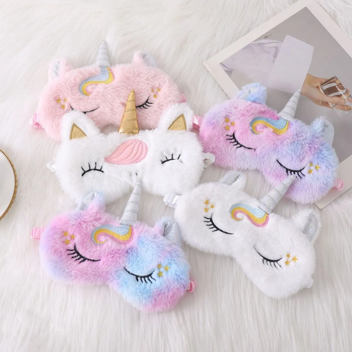 Plush Bunny & Unicorn Sleep Mask – Soft Embroidered Eye Mask with 3D Ears & Horn, Cute Light Blocking Blindfold for Sleeping, Travel, Nap, Gifts for Girls Women Kids